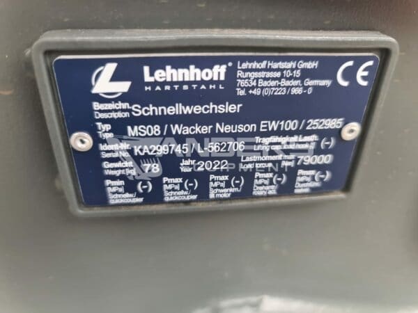 Schnellwechsler Original Lehnhoff MS08 / SW08 passend Wacker Neuson EW100