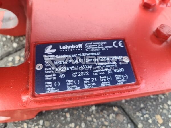 Powertilt PTS / PTA 4.5 Lehnhoff MS01 Schnellwechsler mechanisch - passend an Takeuchi TB216